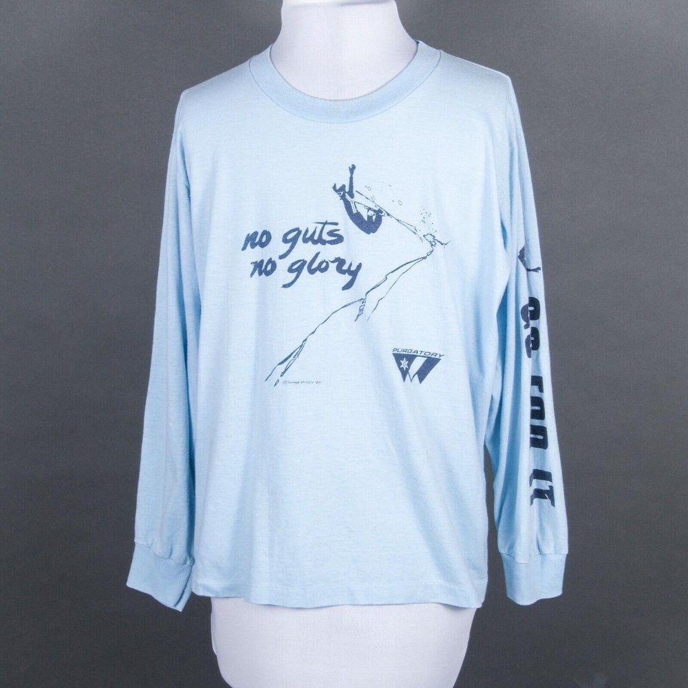 VTG 80s Single stitch Cal Cru LS Purgatory “No Guts No Glory Go For It" blue L